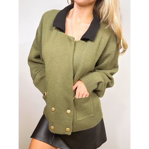 Hunt Cub Women's Vintage Lambswool Gold Button Sweater Green Large Equestrian - Picture 1 of 8